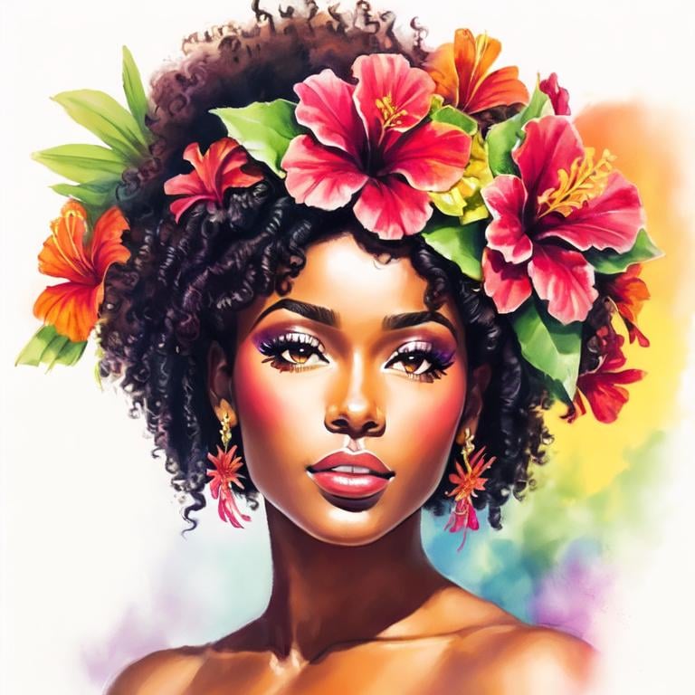 Prompt: Painting of the portrait of a pretty Melanesian woman, wearing cocontractant leaves crown and hibiscus flowers on her left ear. She has long thick afro hair, a black skin and she is surrounded by tropical nature and flowers. 