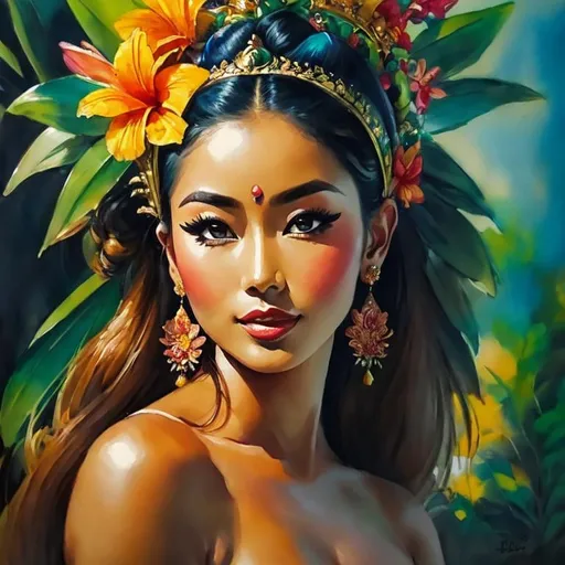 Prompt: Painting of the portrait of a pretty Balinese woman, wearing traditionnal balinese headdress. She has a tanned skin and she is surrounded by tropical nature and flowers. 