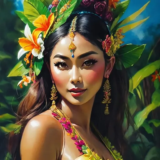 Prompt: Painting of the portrait of a pretty Balinese woman, wearing traditionnal balinese headdress. She has a tanned skin and she is surrounded by tropical nature and flowers. 