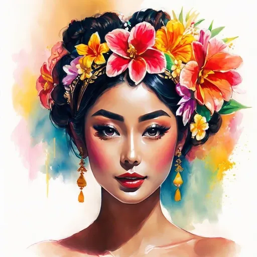 Prompt: Painting of the portrait of a pretty Balinese woman, wearing traditionnal balinese headdress. She has a tanned skin and she is surrounded by tropical nature and flowers. 