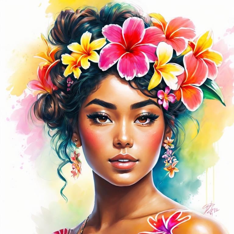 Prompt: Painting of the portrait of a pretty Hawaian/Tahitian woman, wearing a pareo and frangipani flowers on her left ear. She has long thick frizzy hair, a tanned skin and she is surrounded by tropical nature and flowers. She has a polynesian tattoo on her arm. 