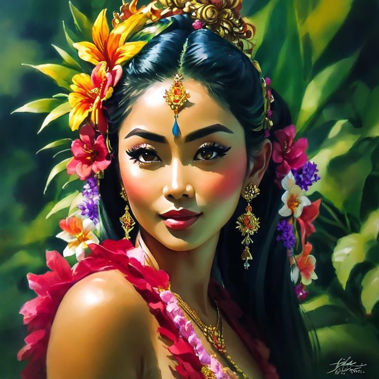 Prompt: Painting of the portrait of a pretty Balinese woman, wearing traditionnal balinese headdress. She has a tanned skin and she is surrounded by tropical nature and flowers. 