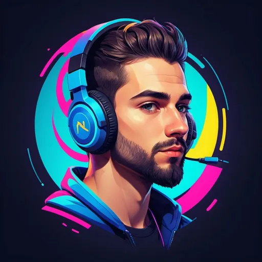 Prompt: Gaming logo of a young man with a small beard and almost no mustache and wearing gaming headphones. The logo is on the left side. 