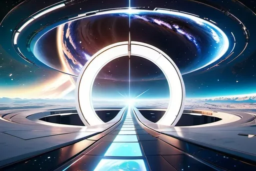 Prompt: a big white wormhole in the middle of the vast space with beautiful galaxies separated in the space. stars floating around. beautiful scenery.((cyberpunk style, futuristic utopian architecture, sci-fi realism))