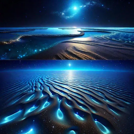 Prompt: thin layer of sea on the ground, vast cosmic ocean, starry sky, galaxies floating in the space, beautiful scenery, cosmic beach, blue-ish tone, blue-ish sky, starry space, space, cosmic, science fiction, cosmic beauty, galaxies, stars, ocean, sea, low sea level, 4K, high resolution, full resolution, high definition beauty