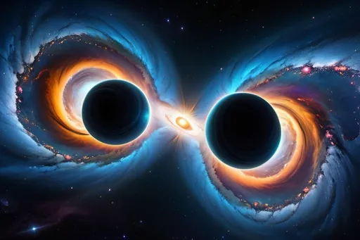 Prompt: Artist depiction of two celestial singularities, interstellar space, blackhole, whitehole, surreal, detailed cosmic clouds, intense gravitational pull, vibrant colors, deep space, celestial beauty, intricate patterns, high-resolution, digital art, cosmic art, surreal, vibrant colors, celestial lighting, 8K, UHD, crisp image quality, beautiful space photo, black hole, white version, white-blue-grayish stardust around them, consuming a star, dreamy, futuristic, detailed, celestial, cosmic, ethereal, vibrant lighting, surrealistic