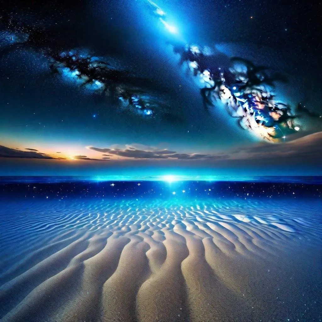 Prompt: thin layer of sea on the ground, vast cosmic ocean, starry sky, galaxies floating in the space, beautiful scenery, cosmic beach, blue-ish tone, blue-ish sky, starry space, space, cosmic, science fiction, cosmic beauty, galaxies, stars, ocean, sea, low sea level, 4K, high resolution, full resolution, high definition beauty