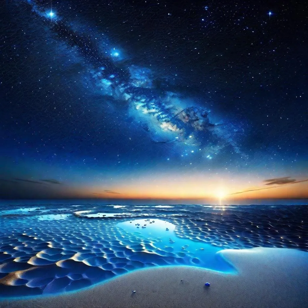 Prompt: thin layer of sea on the ground, vast cosmic ocean, starry sky, galaxies floating in the space, beautiful scenery, cosmic beach in the deep and vast space, cosmic ocean expanded on the fabric of space and time, blue-ish tone, blue-ish sky, starry space, space, cosmic, science fiction, cosmic beauty, galaxies, stars, ocean, sea, low sea level, 4K, high resolution, full resolution, high definition beauty