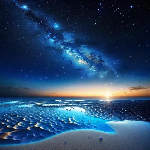 Prompt: thin layer of sea on the ground, vast cosmic ocean, starry sky, galaxies floating in the space, beautiful scenery, cosmic beach in the deep and vast space, cosmic ocean expanded on the fabric of space and time, blue-ish tone, blue-ish sky, starry space, space, cosmic, science fiction, cosmic beauty, galaxies, stars, ocean, sea, low sea level, 4K, high resolution, full resolution, high definition beauty