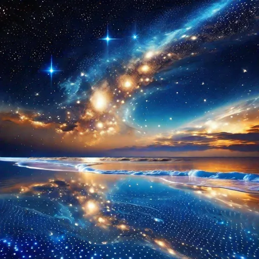 Prompt: thin layer of sea on the fabric of cosmos, vast cosmic ocean, starry sky, galaxies floating in the space, beautiful scenery, cosmic beach in the deep and vast space, deep space vibes, cosmic ocean expanded on the fabric of space and time, blue-ish tone, blue-ish sky, starry space, space, cosmic, science fiction, cosmic beauty, galaxies, stars, ocean, sea, low sea level, 4K, high resolution, full resolution, high definition beauty