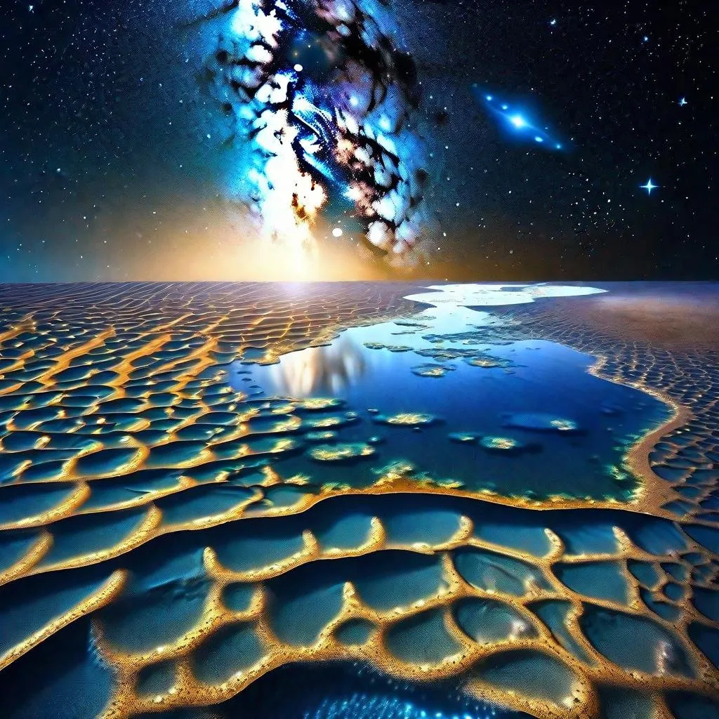 Prompt: thin layer of sea on the ground, vast cosmic ocean, starry sky, galaxies floating in the space, beautiful scenery, cosmic beach in the deep and vast space, cosmic ocean expanded on the fabric of space and time, blue-ish tone, blue-ish sky, starry space, space, cosmic, science fiction, cosmic beauty, galaxies, stars, ocean, sea, low sea level, 4K, high resolution, full resolution, high definition beauty