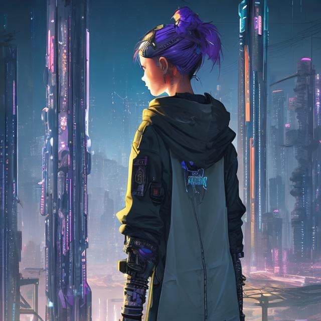 Prompt: Cyberpunk half cyborg girl on top of the tower, taking a look at the big sci-fi cyberpunk city with sword in her hand. she is wearing a techwear sci-fi oversized hoodie.