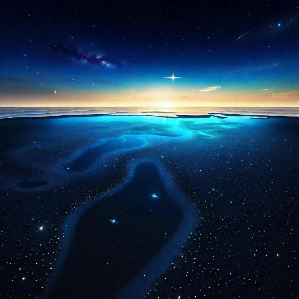 Prompt: thin layer of sea on the ground, vast cosmic ocean, starry sky, galaxies floating in the space, beautiful scenery, cosmic beach in the deep and vast space, blue-ish tone, blue-ish sky, starry space, space, cosmic, science fiction, cosmic beauty, galaxies, stars, ocean, sea, low sea level, 4K, high resolution, full resolution, high definition beauty