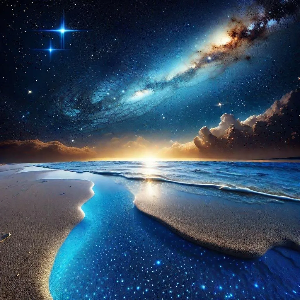 Prompt: thin layer of sea on the ground, vast cosmic ocean, starry sky, galaxies floating in the space, beautiful scenery, cosmic beach in the deep and vast space, cosmic ocean expanded on the fabric of space and time, blue-ish tone, blue-ish sky, starry space, space, cosmic, science fiction, cosmic beauty, galaxies, stars, ocean, sea, low sea level, 4K, high resolution, full resolution, high definition beauty