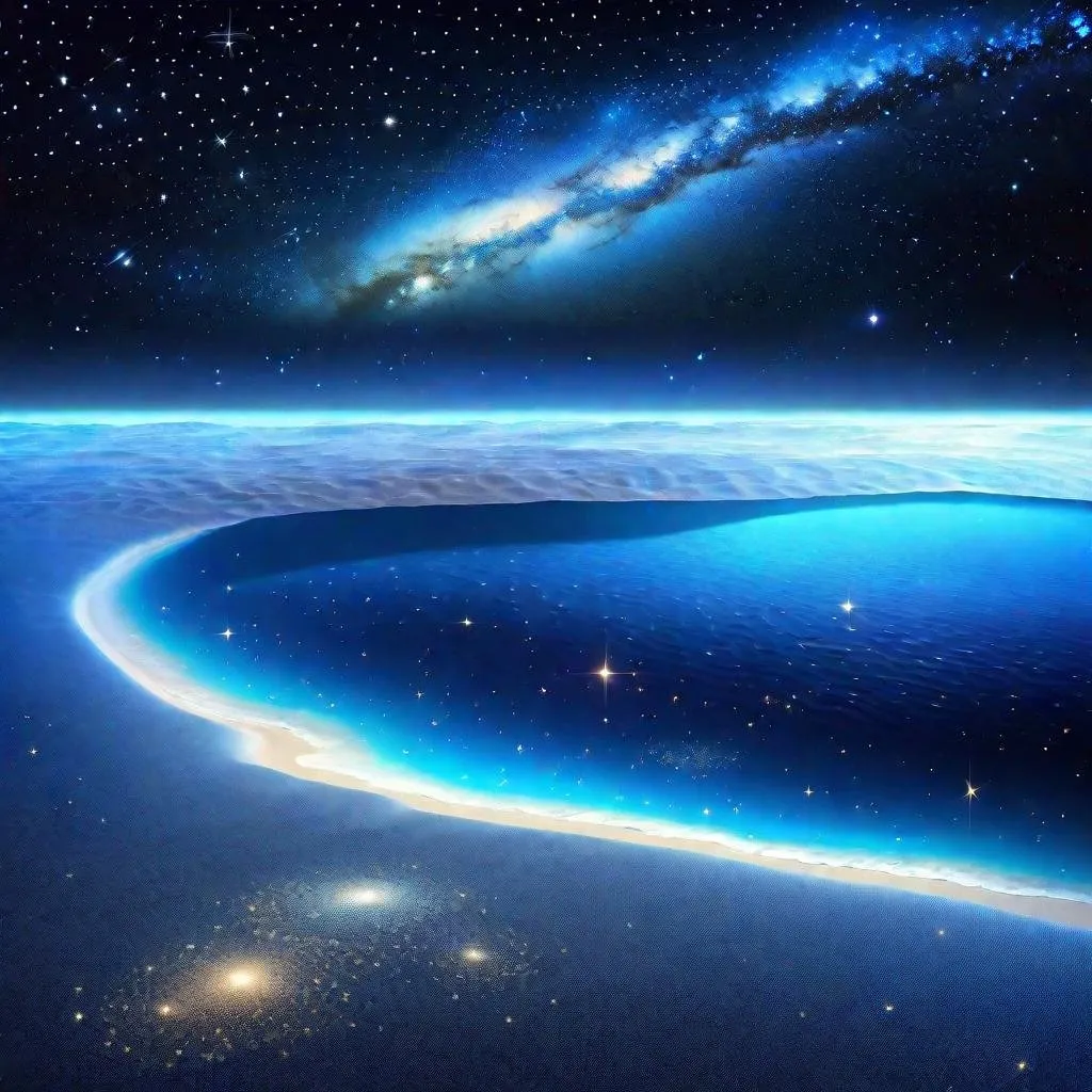 Prompt: thin layer of sea on the fabric of cosmos, vast cosmic ocean, starry sky, galaxies floating in the space, beautiful scenery, cosmic beach in the deep and vast space, deep space vibes, cosmic ocean expanded on the fabric of space and time, blue-ish tone, blue-ish sky, starry space, space, cosmic, science fiction, cosmic beauty, galaxies, stars, ocean, sea, low sea level, 4K, high resolution, full resolution, high definition beauty