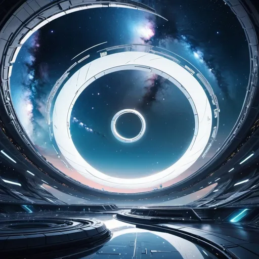 Prompt: a big white wormhole in the middle of the vast space with beautiful galaxies separated in the space. stars floating around. beautiful scenery. ((cyberpunk style, futuristic utopian architecture))