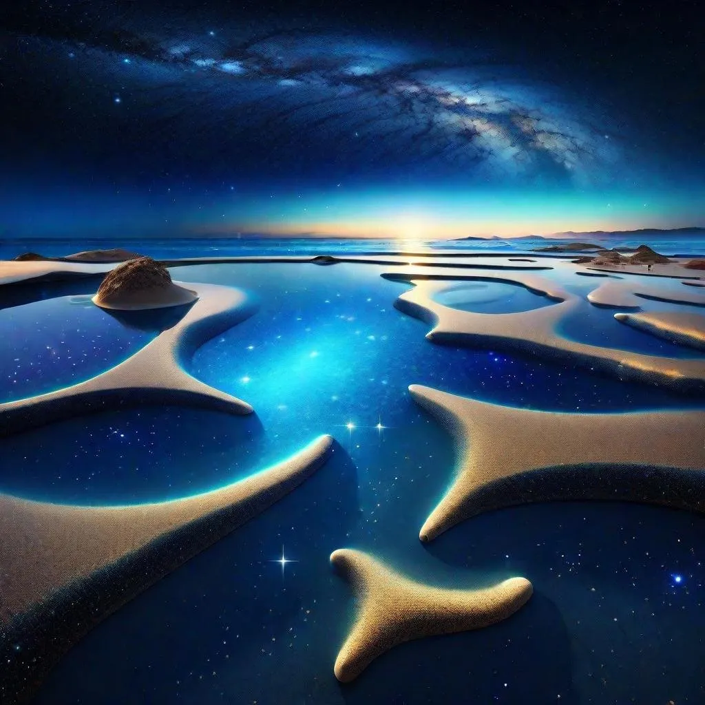 Prompt: thin layer of sea on the ground, vast cosmic ocean, starry sky, galaxies floating in the space, beautiful scenery, cosmic beach, blue-ish tone, blue-ish sky, starry space, space, cosmic, science fiction, cosmic beauty, galaxies, stars, ocean, sea, low sea level, 4K, high resolution, full resolution, high definition beauty