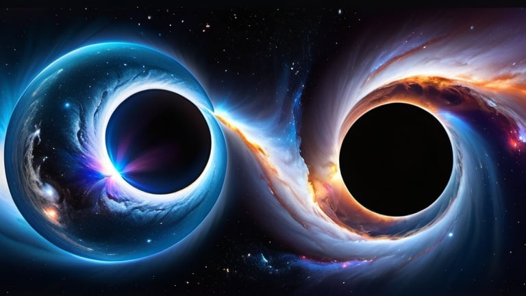 Prompt: Artist depiction of two celestial singularities, interstellar space, blackhole, whitehole, surreal, detailed cosmic clouds, intense gravitational pull, vibrant colors, deep space, celestial beauty, intricate patterns, high-resolution, digital art, cosmic art, surreal, vibrant colors, celestial lighting, 8K, UHD, crisp image quality, beautiful space photo, black hole, white version, white-blue-grayish stardust around them, consuming a star, dreamy, futuristic, highres, detailed, celestial, cosmic, ethereal, vibrant lighting, surrealistic