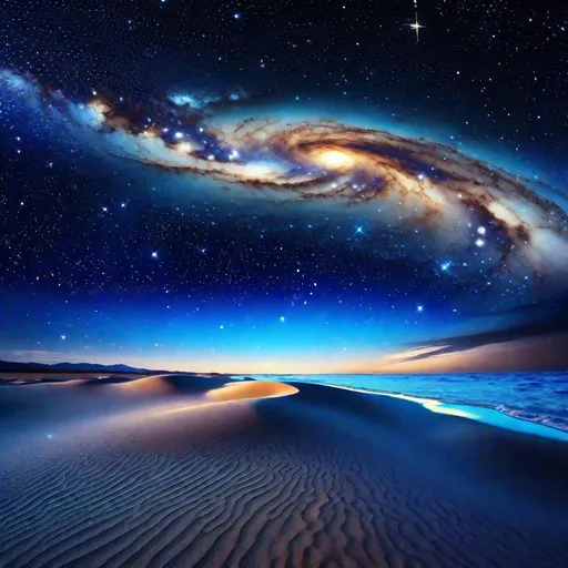 Prompt: thin layer of sea on the fabric of cosmos, vast cosmic ocean, starry sky, galaxies floating in the space, beautiful scenery, cosmic beach in the deep and vast space, deep space vibes, cosmic ocean expanded on the fabric of space and time, blue-ish tone, blue-ish sky, starry space, space, cosmic, science fiction, cosmic beauty, galaxies, stars, ocean, sea, low sea level, 4K, high resolution, full resolution, high definition beauty