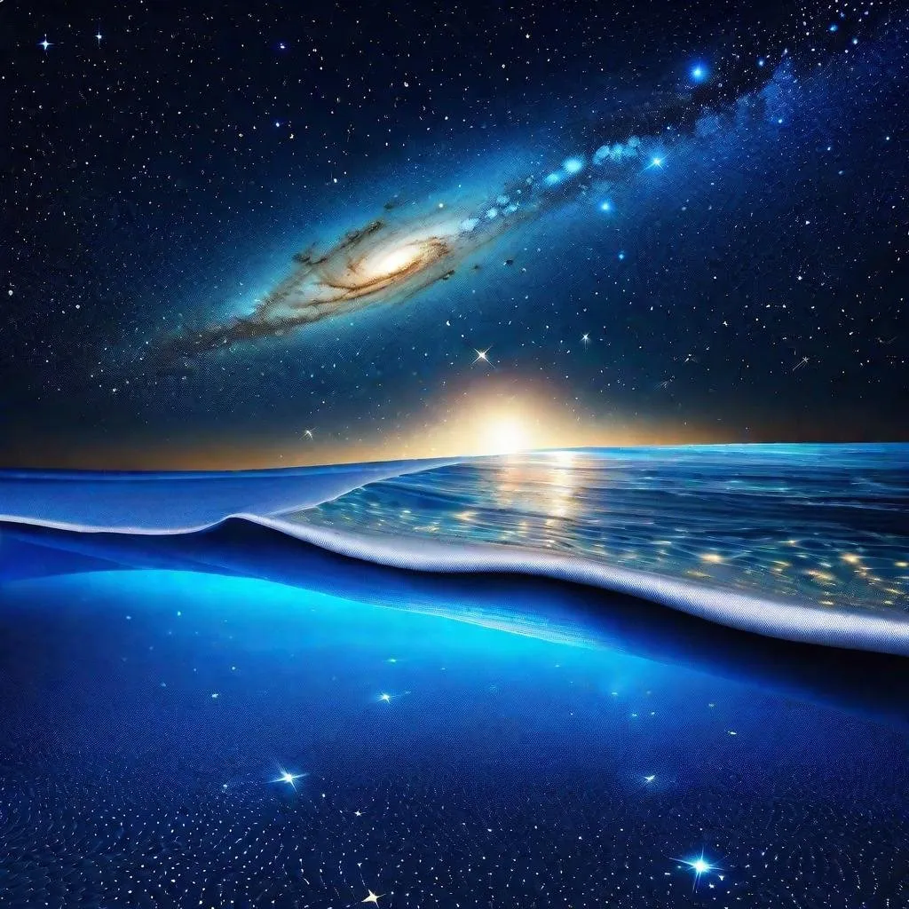 Prompt: thin layer of sea on the fabric of cosmos, vast cosmic ocean, starry sky, galaxies floating in the space, beautiful scenery, cosmic beach in the deep and vast space, deep space vibes, cosmic ocean expanded on the fabric of space and time, blue-ish tone, blue-ish sky, starry space, space, cosmic, science fiction, cosmic beauty, galaxies, stars, ocean, sea, low sea level, 4K, high resolution, full resolution, high definition beauty