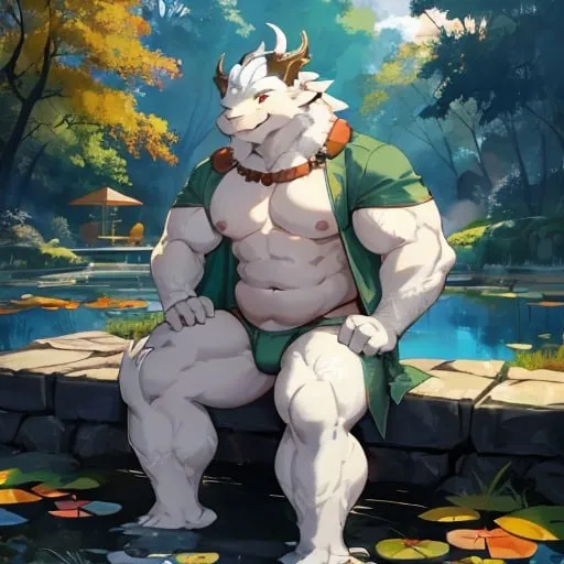 Prompt: A humanoid muscular fat furry white dragon. he is sitting on the ground next to a beautiful pond. smiling gently and warmly, wearing only an underwear. his body being exposed