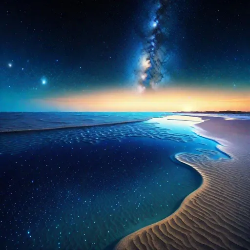 Prompt: thin layer of sea on the ground, vast cosmic ocean, starry sky, galaxies floating in the space, beautiful scenery, cosmic beach in the deep and vast space, blue-ish tone, blue-ish sky, starry space, space, cosmic, science fiction, cosmic beauty, galaxies, stars, ocean, sea, low sea level, 4K, high resolution, full resolution, high definition beauty