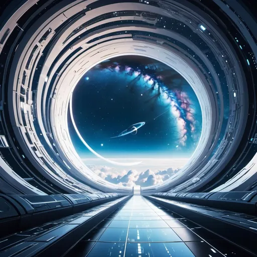 Prompt: a big white wormhole in the middle of the vast space with beautiful galaxies separated in the space. stars floating around. beautiful scenery. ((cyberpunk style, futuristic utopian architecture))
