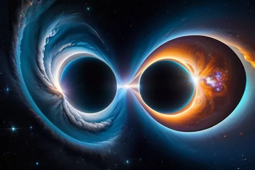 Prompt: Artist depiction of two celestial singularities, interstellar space, whitehole, surreal, detailed cosmic clouds, intense gravitational pull, vibrant colors, deep space, celestial beauty, intricate patterns, high-resolution, digital art, cosmic art, surreal, vibrant colors, celestial lighting, 8K, UHD, crisp image quality, beautiful space photo, black hole, white version, white-blue-grayish stardust around them, consuming a star, dreamy, futuristic, detailed, celestial, cosmic, ethereal, vibrant lighting, surrealistic