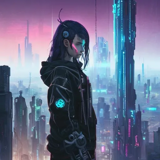 Prompt: Cyberpunk half cyborg girl on top of the tower, taking a look at the big sci-fi cyberpunk city with sword in her hand. she is wearing a techwear sci-fi oversized hoodie.