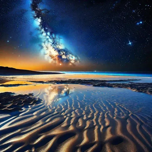 Prompt: thin layer of sea on the ground, vast cosmic ocean, starry sky, galaxies floating in the space, beautiful scenery, cosmic beach in the deep and vast space, cosmic ocean beach expanded on the fabric of space and time, blue-ish tone, blue-ish sky, starry space, space, cosmic, science fiction, cosmic beauty, galaxies, stars, ocean, sea, low sea level, 4K, high resolution, full resolution, high definition beauty