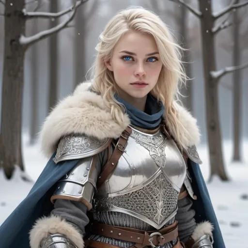 Prompt: hyper-realistic human female character standing in the snow, white blonde hair, blue eyes,  Plate armor, fur lined cloak, chain mail armor, long sword gripped in right hand, fantasy character art, illustration, dnd, cool tone