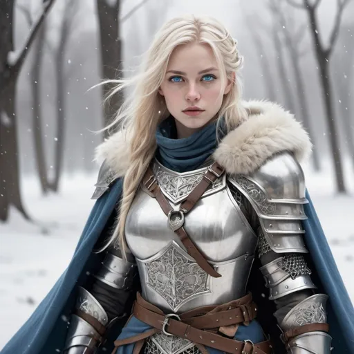 Prompt: hyper-realistic human female character standing in the snow, white blonde hair, blue eyes,  Plate armor, fur lined cloak, chain mail armor, long sword gripped in right hand, fantasy character art, illustration, dnd, cool tone