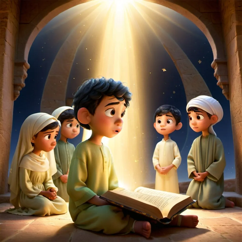 Prompt: Boys and girls immersed in heavenly light, contemplating wisdom from Islamic texts, books, crescent, divine and spiritual atmosphere, heavenly background, ethereal, high quality, spiritual, divine, Islamic, heavenly light rays, contemplative expressions, serene atmosphere