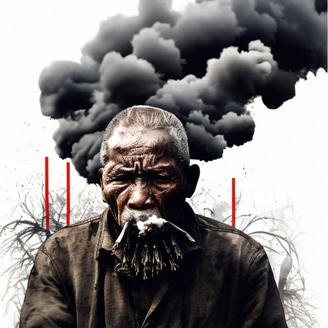 Prompt: Pollution contains smoke drawn in the form of lethal bullet shells. A mother fears for her child from it, and likewise, an old man is afraid of the deadly smoke. The image also features a text that says, "Smoke = Bullets."