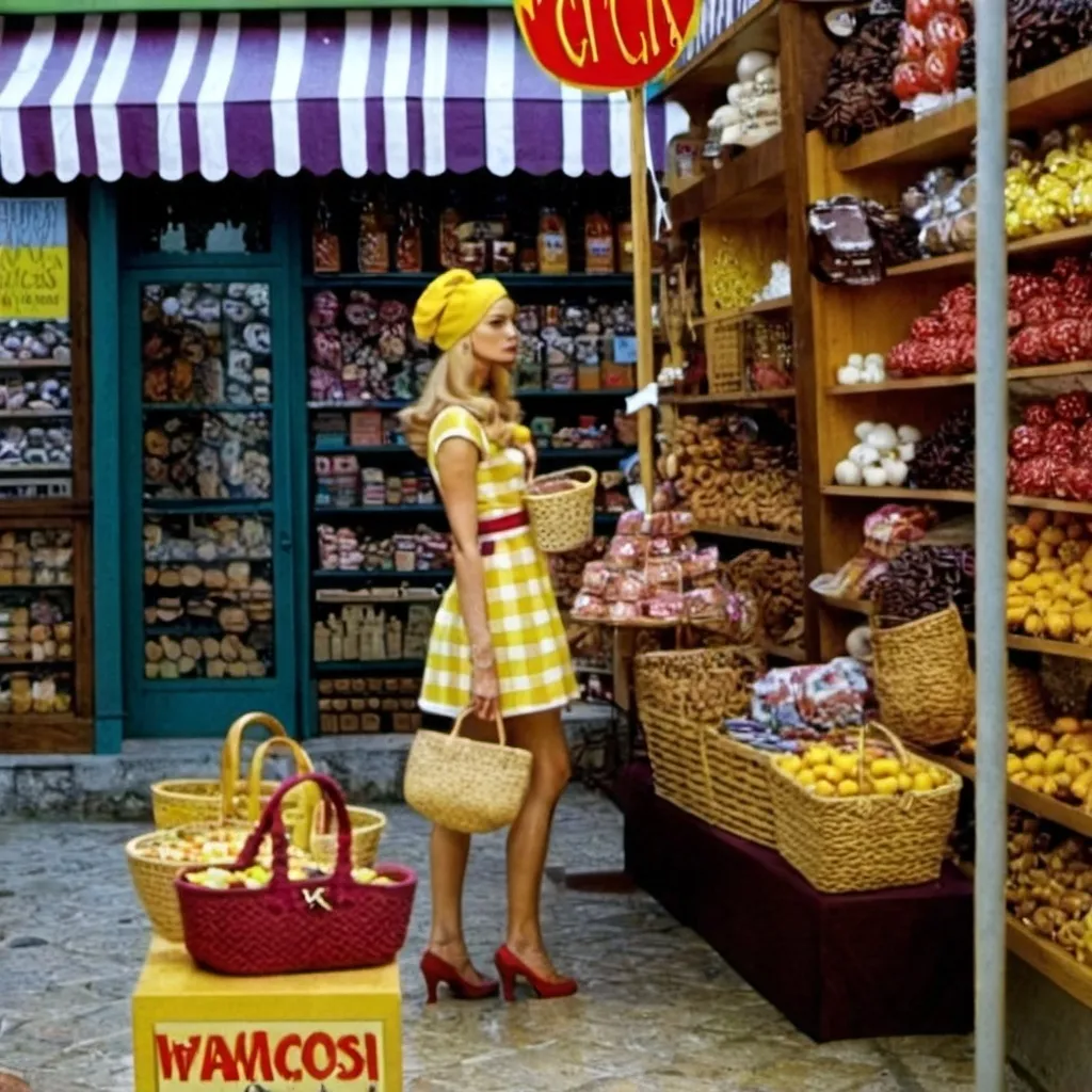 Prompt: a woman standing in front of a store with baskets and food on display in front of her and a sign that says wildwood, Chica Macnab, pop art, fashion photography