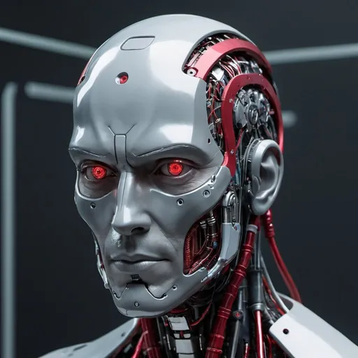 Prompt: A head of a man that is cybernetic . The cyber parts are grey and red
