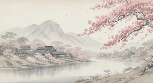 Prompt: A traditional Japanese riverside landscape in horizontal format, with soft watercolor and ink brush style, as if painted on aged rice paper. In the background, gentle mountains rise up, partially shrouded in mist. On the upper right corner, a medium-sized sakura tree branch extends from right to left, partially framing the scene. On the left side of the image, depict an old Japanese village with 2–3 wooden buildings in Edo period style, near the riverbank. The overall mood should be calm, nostalgic, and harmonious, evoking traditional Japanese aesthetics.