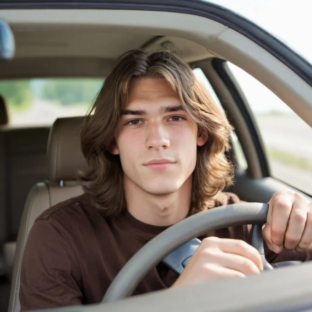 Prompt: Teenage guy long brown hair driving car