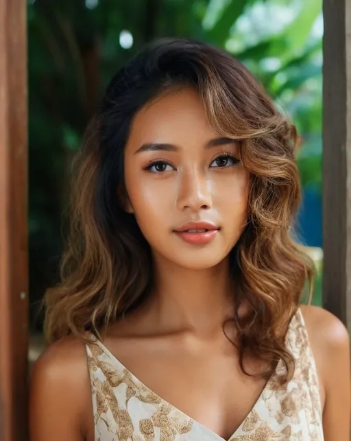 Prompt: Photo realistic, female 27th yeara old, indonesian race, beauty, hot face, tan skin, wavy hair, hot dress