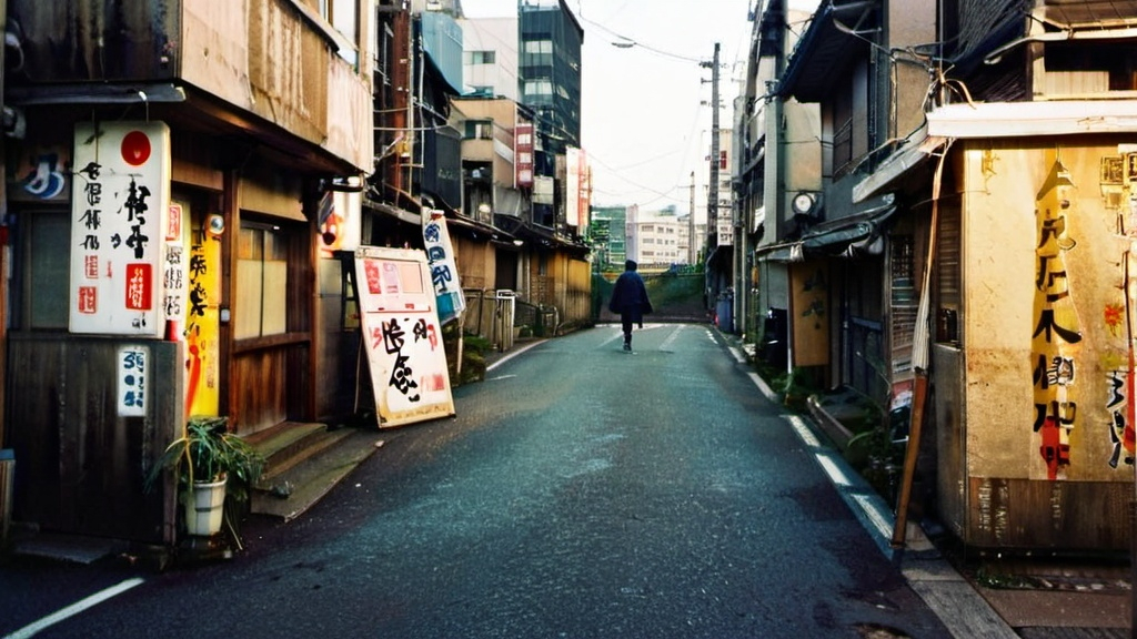 Prompt: i need a horizontal background of japan slums in streets  japanese signages and homeless people. I want to look dangerous, dirty and scary