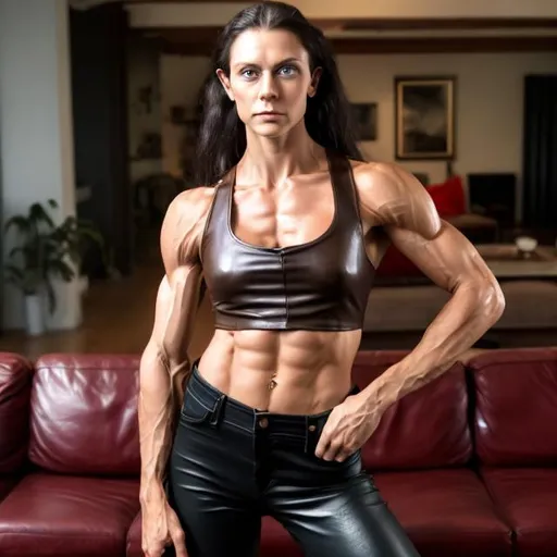 Prompt: photo of muscular Danish woman with big green eyes and very very  long curly black hair and strong abs wearing tan leather pants and a red tank top standing in front of brown leather couch