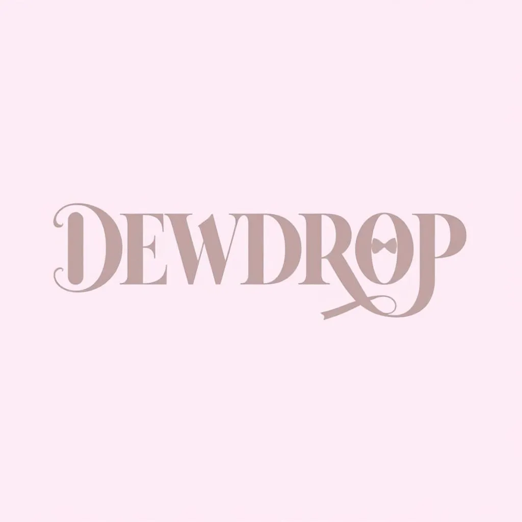 Prompt: Against a soft pink background, the word "DEWDROP" is prominently displayed in an elegant, modern font. The letters are a muted taupe with playful variations, featuring a stylized ribbon motif entwined around the letter "D" and a delicate bow appearing within the letter "O." The overall composition exudes a whimsical and feminine vibe, combining a contemporary aesthetic with a touch of charm. The simplicity of the design, paired with the gentle color palette, conveys a sense of lightness and creativity, inviting viewers into a world of playful elegance.