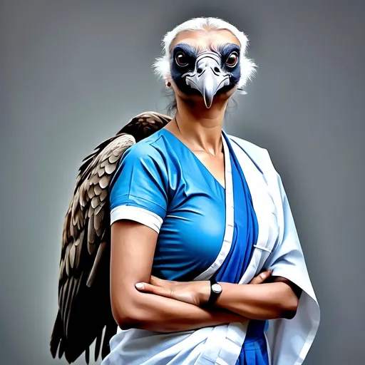 Prompt: a Vulture with white and blue saree on a lady doctor body