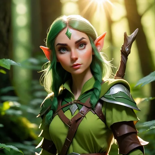 Prompt: Elf ranger in a mystical forest around sunlight