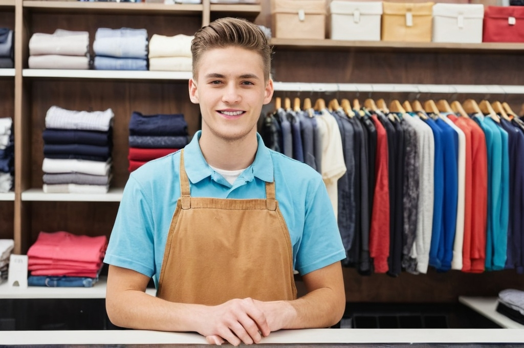 Prompt: young white male store clerk behind counter of clothes shop.