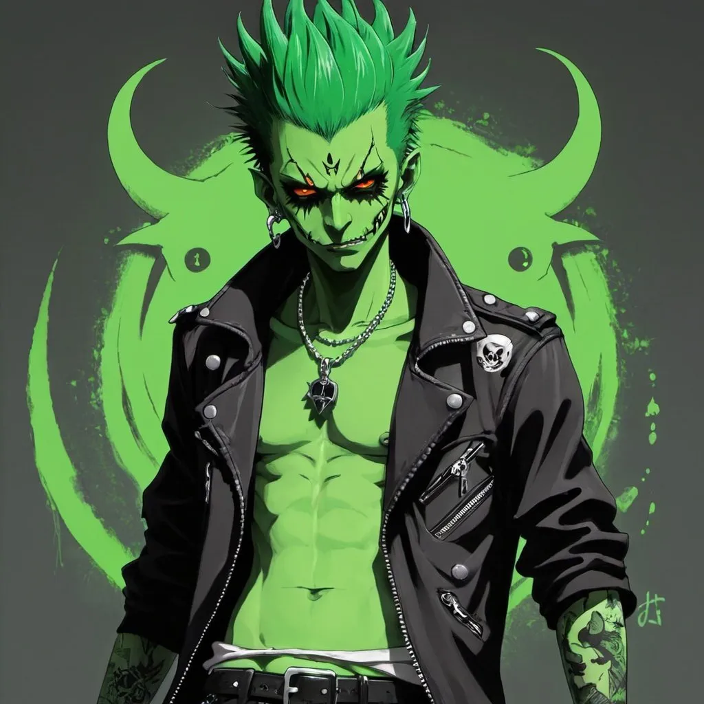 Prompt: Punk,demon man, green, cool, anime
