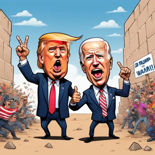 Prompt: Political caricature of Trump and Biden, chaotic cartoon style next to a very high border wall overrun by illegal immigrants, humorous chase, exaggerated facial expressions, vibrant colors, exaggerated finger gestures, busy composition, exaggerated characters, dynamic action, cartoonish style, chaotic border scene, humorous satire