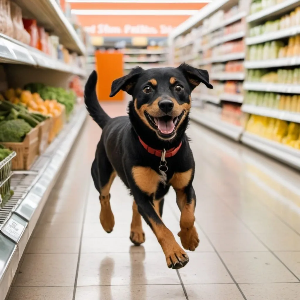 Prompt: a short haired stray black and ginger dog running in a supermarket 