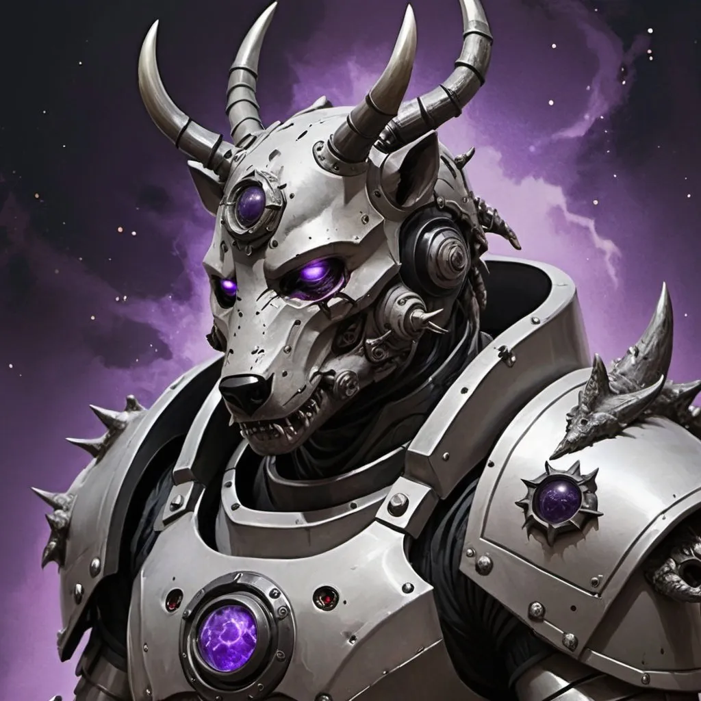 Prompt: cosmic horror, Man in Power armor, the armor is a ash color, the left shoulder pad has a black sun eating a single eye. the trim of the armor is a purple barbed vine, the head of the man is a deer head with wolf jaws