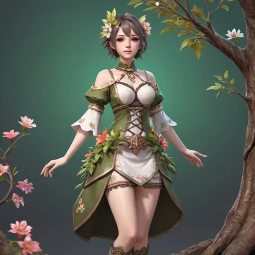 Prompt: A game model girl wearing new tree and flowers colabration outfit